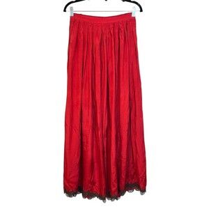 Wide Leg Palazzo Satin Pants M Red Lace Hem Romantic Renaissance Victorian